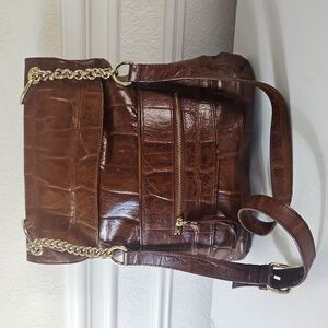 Kate Landry Brown Croc Crossbody Messenger Bag Gold Hardware